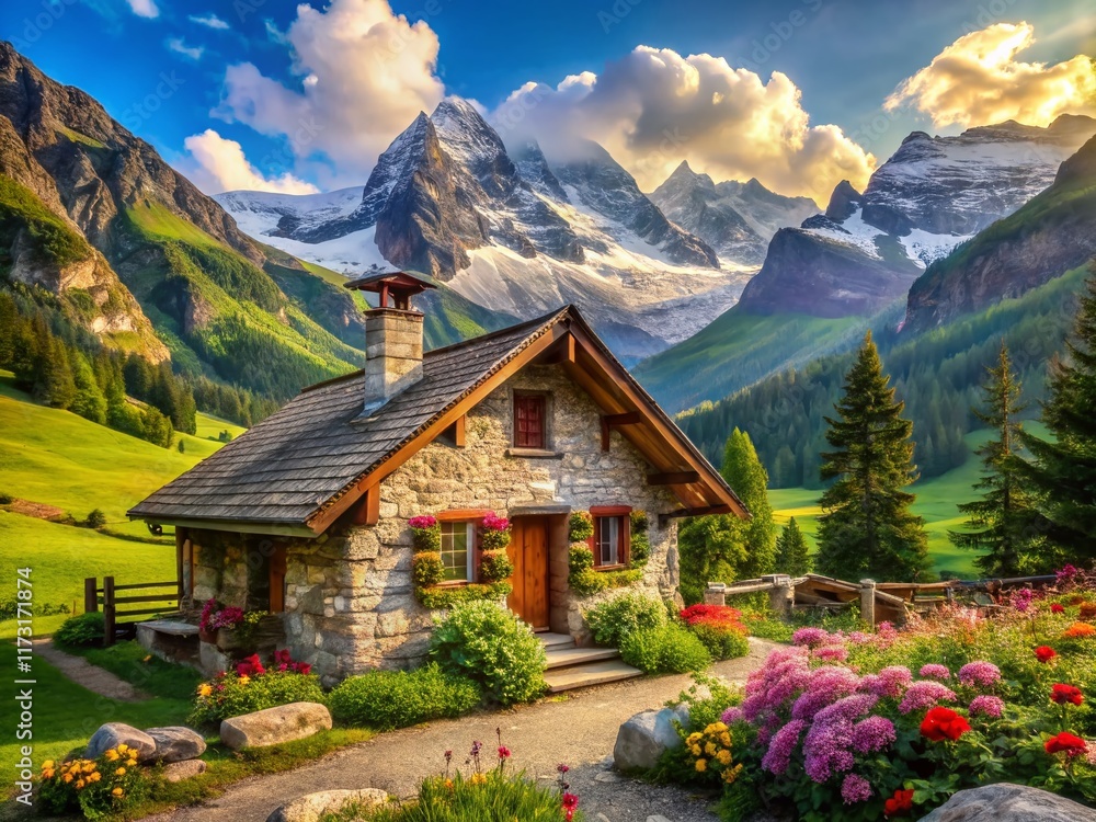 Fototapeta premium Cozy Mountain Cottage Retreat: Charming Rustic Cabin in Scenic Alpine Landscape