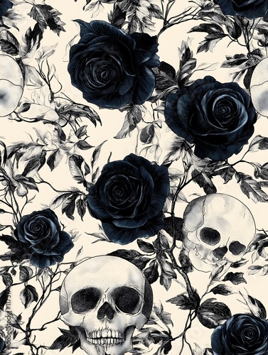 Gothic-inspired floral design with black roses, skull accents, and metallic silver highlights