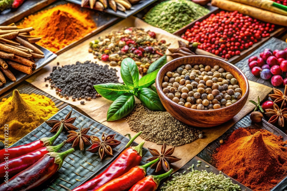 Fototapeta premium Macro Hand-Drawn Spice & Herb Card Design: Detailed Botanical Illustrations