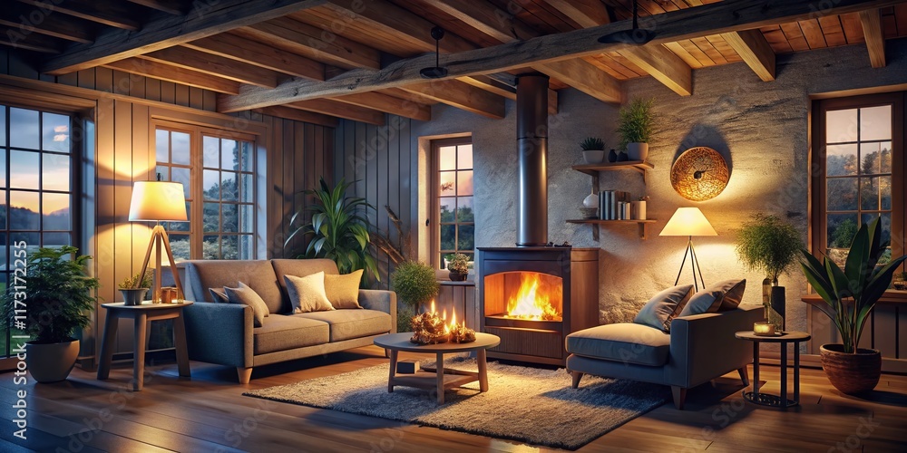 Fototapeta premium Cozy Scandinavian Living Room with Burning Wood Stove at Night