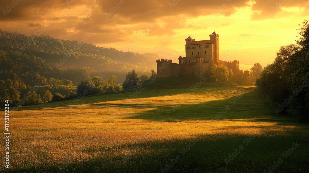 A majestic castle stands sentinel on a hill overlooking a golden field at sunset, A majestic castle stands sentinel on a hill overlooking a golden field at sunset,
