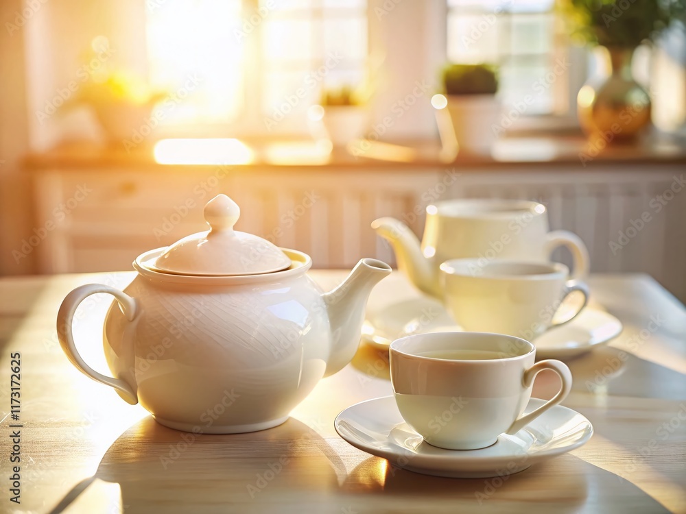 Cozy White Tea Set: Macro Photography of Teapot and Cups on Kitchen Table Cozy White Tea Set: Macro Photography of Teapot and Cups on Kitchen Table