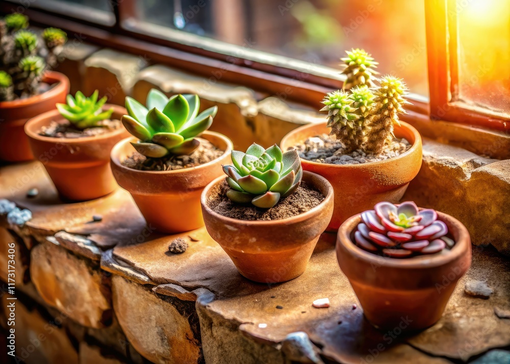 Miniature Succulents Drone Photography: Sunlit Windowsill, Cracked Terracotta Pots Miniature Succulents Drone Photography: Sunlit Windowsill, Cracked Terracotta Pots