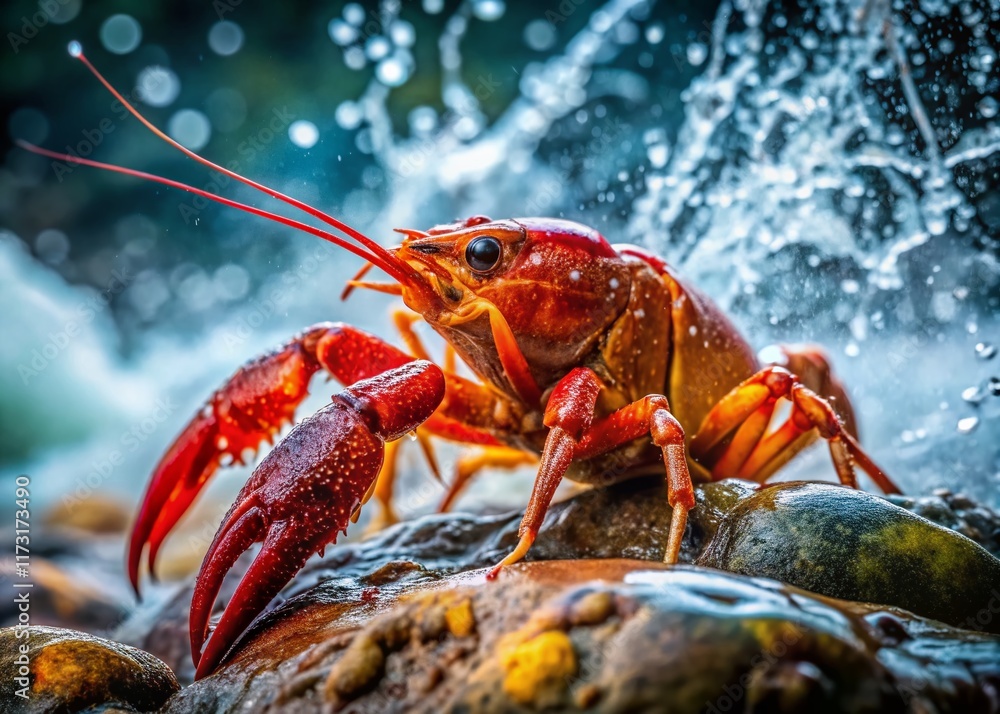 Crayfish Feasting on Minerals: Splashing Water, Rocky Habitat Stock Photo Crayfish Feasting on Minerals: Splashing Water, Rocky Habitat Stock Photo