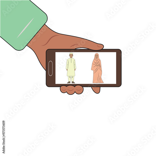 Video call on the phone. Arab man and woman. Color illustration.
