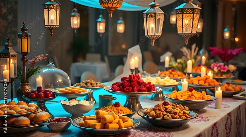 Naklejka premium Delicious Ramadan Buffet Table Festive Lanterns Sweet Treats