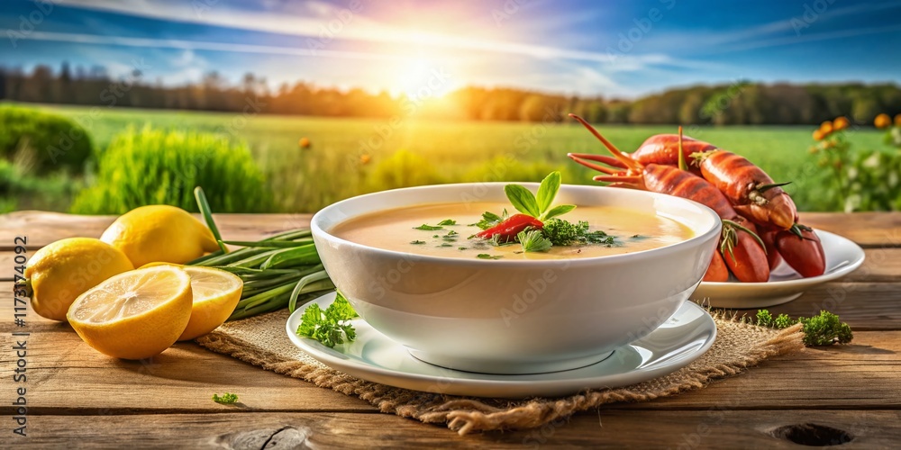 Creamy Lobster Bisque in a White Bowl with Fresh Garnish - Gourmet Seafood Soup Creamy Lobster Bisque in a White Bowl with Fresh Garnish - Gourmet Seafood Soup