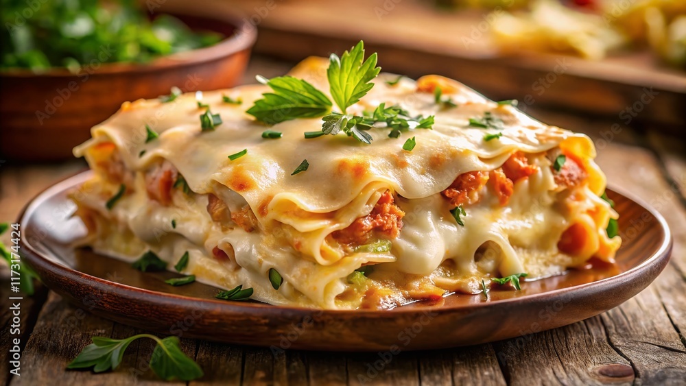 Creamy White Cheese Chicken Lasagna, Long Exposure Photography Creamy White Cheese Chicken Lasagna, Long Exposure Photography