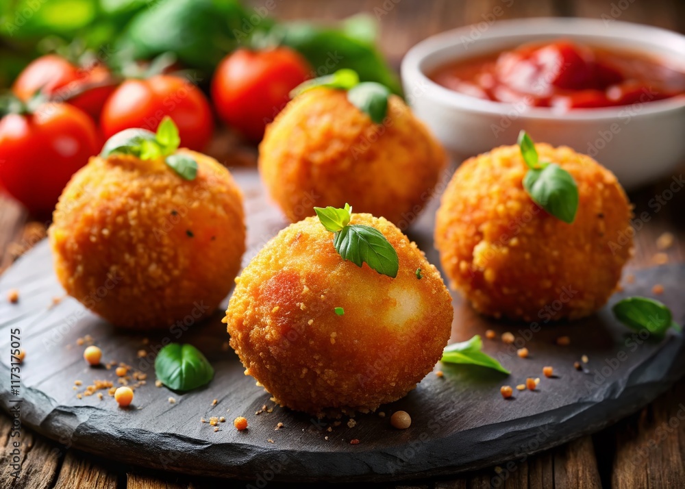Crispy Fried Arancini with Rich Marinara Sauce - Delicious Italian Street Food Crispy Fried Arancini with Rich Marinara Sauce - Delicious Italian Street Food