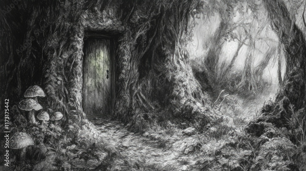 Fototapeta premium an image of the entrance to a forest with mushrooms and a door leading to a, magic doorway, magical portal gateway