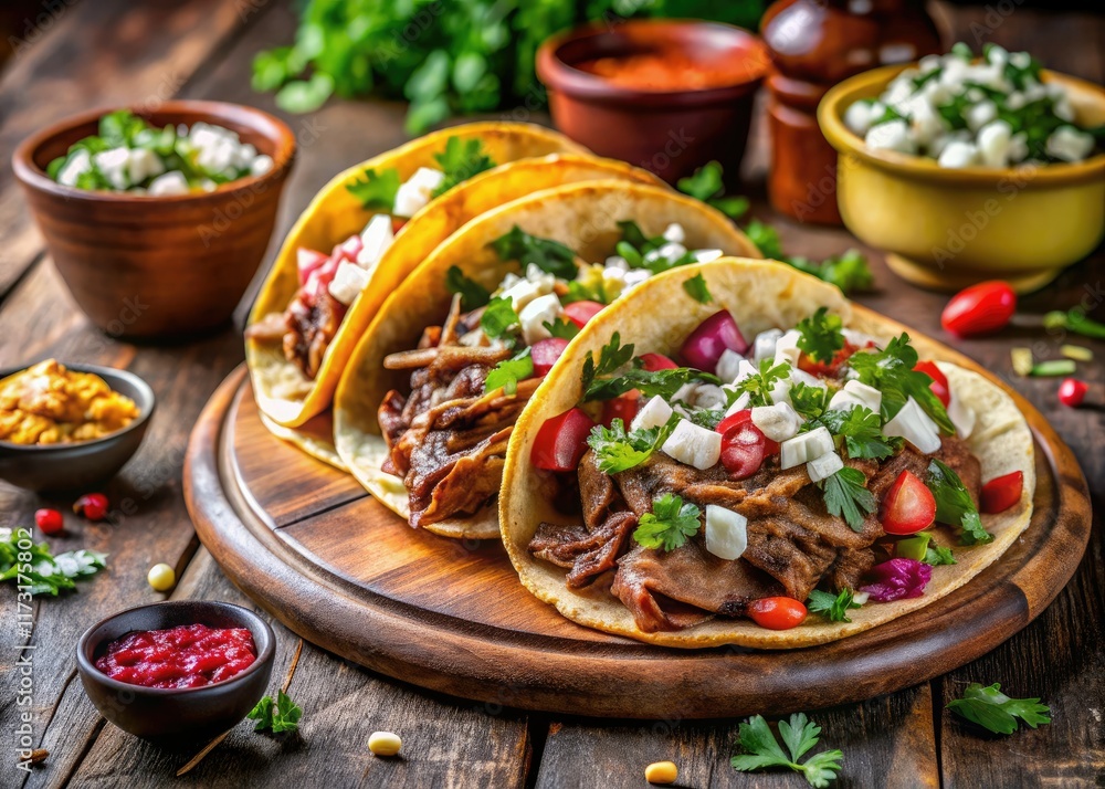 Panoramic Birria Tacos: Authentic Mexican Street Food - Corn Tortillas, Steak, Cheese Dip Panoramic Birria Tacos: Authentic Mexican Street Food - Corn Tortillas, Steak, Cheese Dip