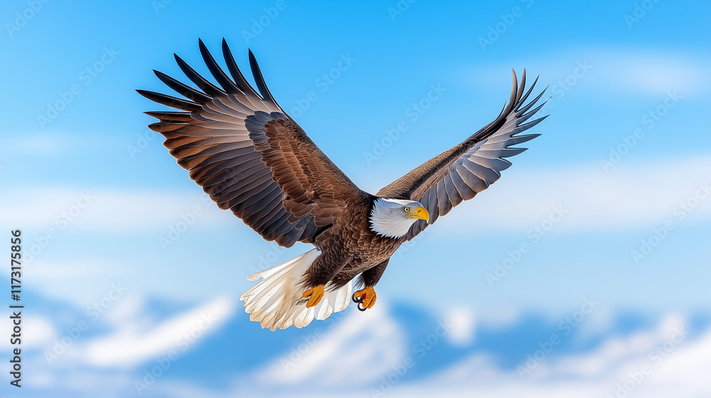 Obraz premium Majestic bald eagle soaring above a snow-covered landscape showcasing its powerful wings and sharp features against a clear blue sky