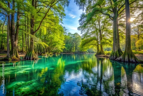 Crystal Clear Morrison Springs Swimming Hole, Walton County, Florida - Lush Cypress Trees