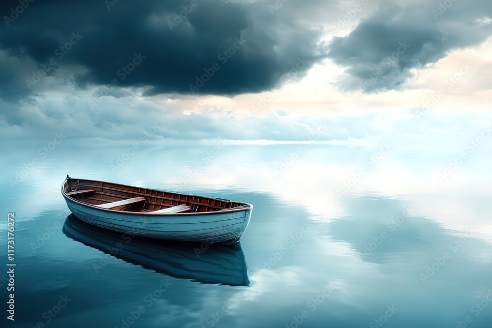 Tranquil Wooden Rowboat on a Calm Lake Under Dramatic Sky Tranquil Wooden Rowboat on a Calm Lake Under Dramatic Sky