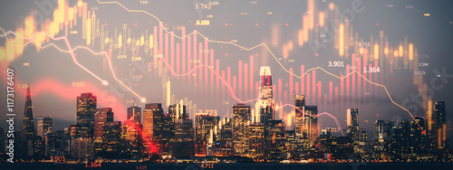 Canvas Print Double exposure of San Francisco skyline and financial stock market chart with red downward trend, glowing data points, and buildings