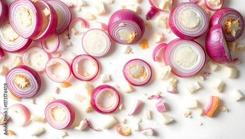 variously sized and shaped onion slices, rings, and small broken pieces scattered organically across a pristine, bright white background photo