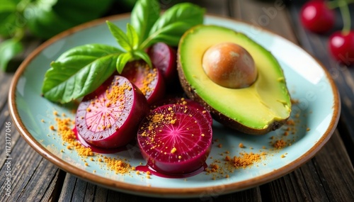 Beets and avocado on a plate with a sprinkle of sumac, colorful, spring, sumac photo