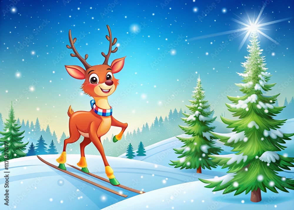 Cute Cartoon Reindeer Skiing in Snowy Winter Wonderland - Perfect for Christmas Holiday Designs Cute Cartoon Reindeer Skiing in Snowy Winter Wonderland - Perfect for Christmas Holiday Designs