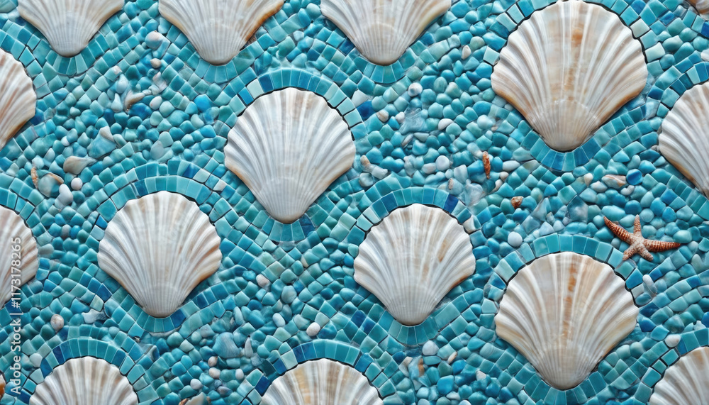 Decorative mosaic of seashells on a vibrant turquoise background with intricate detailing and textures Decorative mosaic of seashells on a vibrant turquoise background with intricate detailing and textures