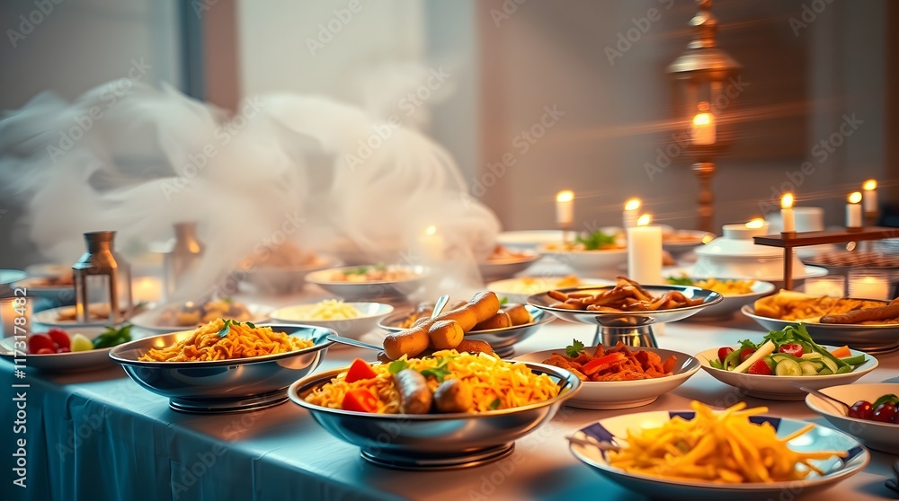 Fototapeta premium Delicious Buffet Dinner Warm Dishes Golden Lighting Elegant Setting