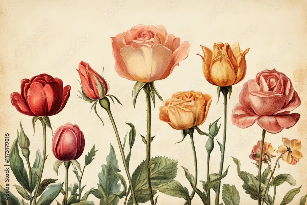Obraz premium Botanical Illustration Featuring Several Roses in Various Colors
