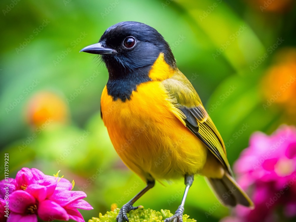 Cute Small Yellow Bird in Garden, Black Head, Bright Eyes, Standing Cute Small Yellow Bird in Garden, Black Head, Bright Eyes, Standing