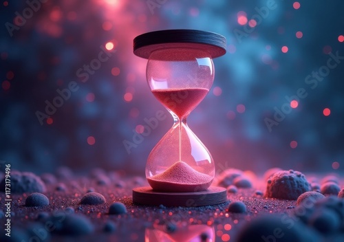 Hourglass filled with pink sand glowing in a cosmic setting photo