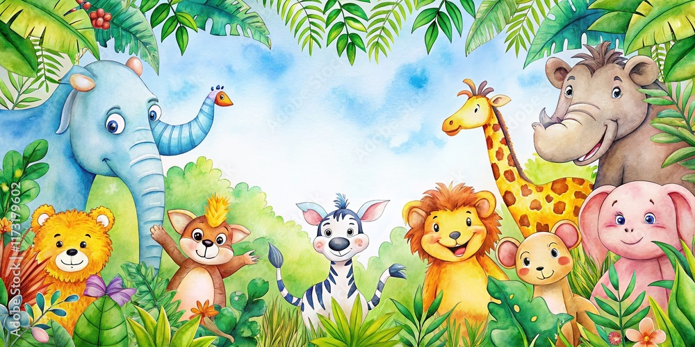 Naklejka premium Cute Watercolor Safari Zoo Animals Frame Border - Adorable Cartoon Wildlife Background