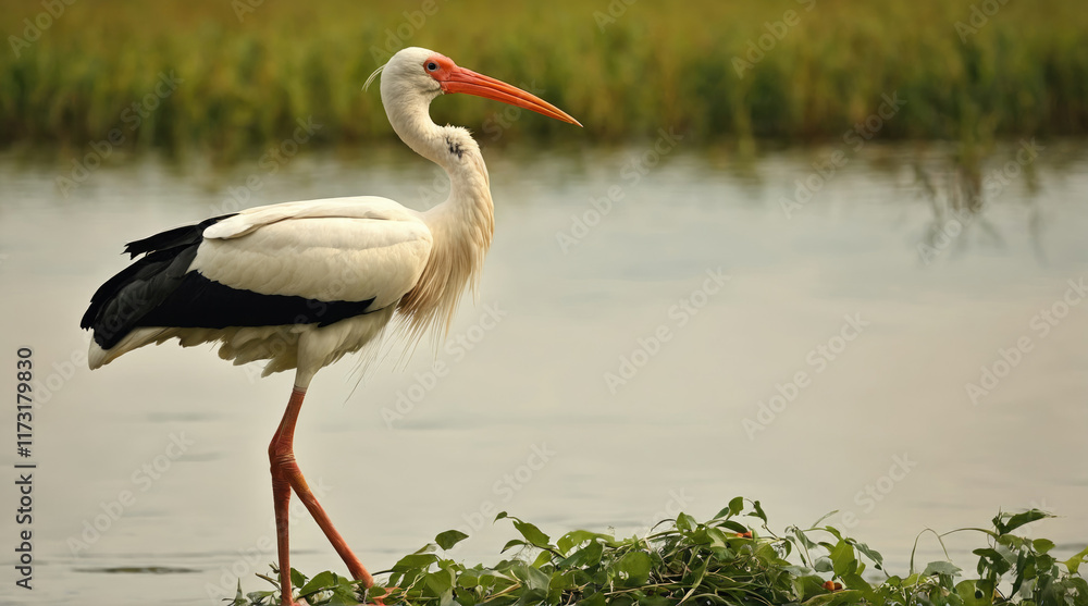 Fototapeta premium Stork stands gracefully by the water's edge in a serene wetland at sunrise