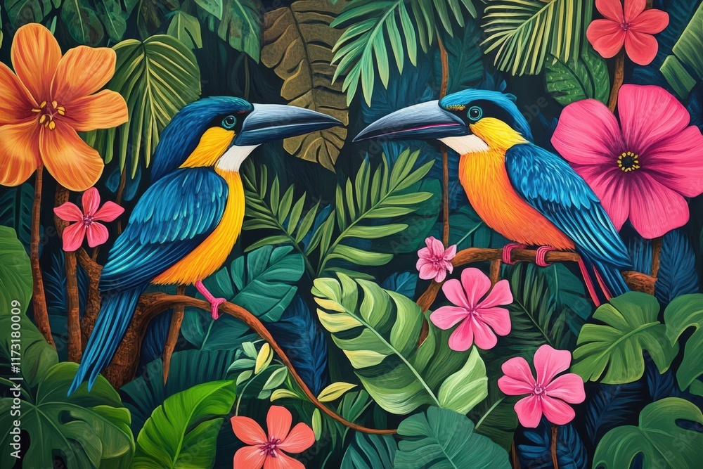 Obraz premium Two Toucans Amidst Lush Tropical Flowers and Foliage