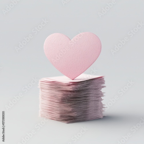 A pink heart rests atop a stack of paper, symbolizing love and creativity in a minimalist design against a soft background.