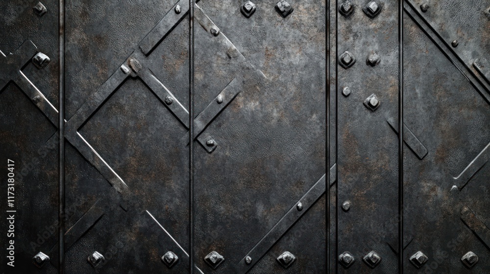 A textured metal surface with rivets and diagonal patterns, suggesting strength and durability. A textured metal surface with rivets and diagonal patterns, suggesting strength and durability.