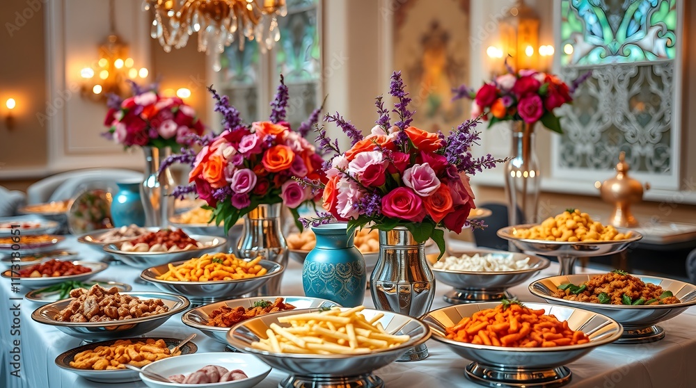 Elegant Buffet Table Colorful Flower Arrangements Delicious Food Variety Elegant Buffet Table Colorful Flower Arrangements Delicious Food Variety