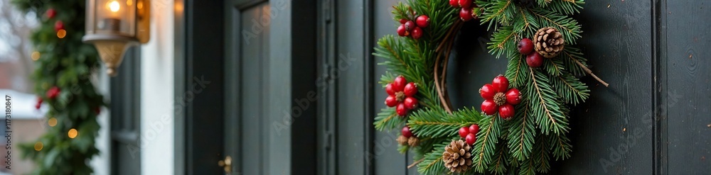 Festive wreath on the front door with evergreen branches and pinecones, seasonal decor, winter wonderland, evergreen branches Festive wreath on the front door with evergreen branches and pinecones, seasonal decor, winter wonderland, evergreen branches