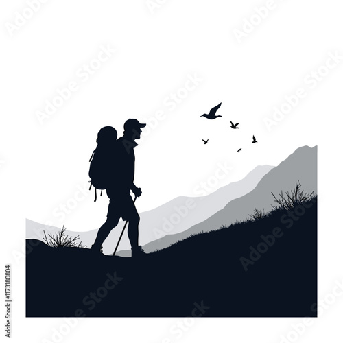 Hiking Silhouette vector illustration. Hiker mountain climber adventure silhouettes