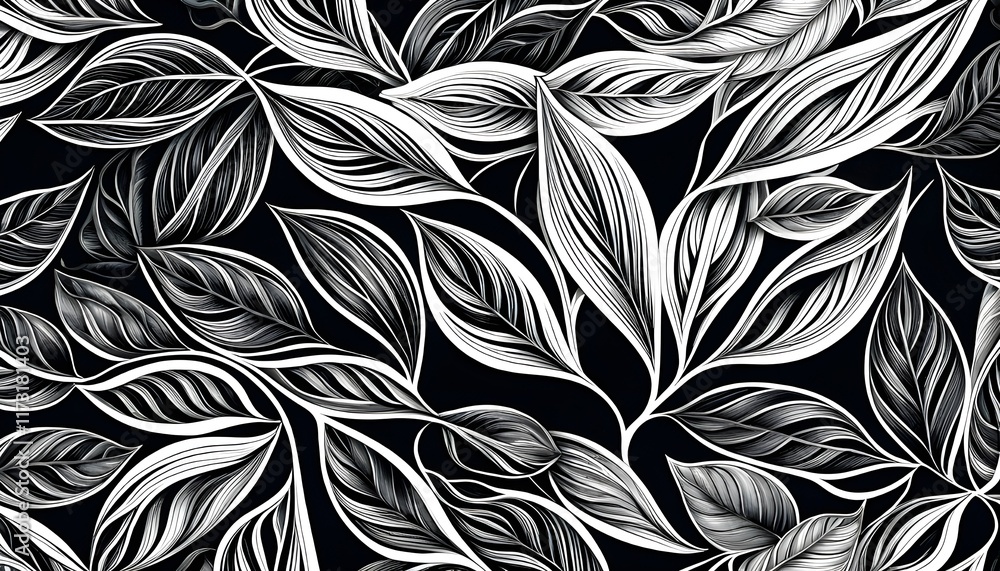 black and white leaves pattern background, leaves seamless pattern design for textile, vector style leaves pattern background black and white leaves pattern background, leaves seamless pattern design for textile, vector style leaves pattern background