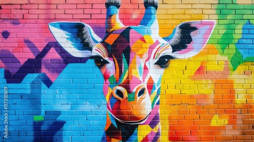 A colorful mural on a brick wall depicts a vibrant, geometric giraffe. photo