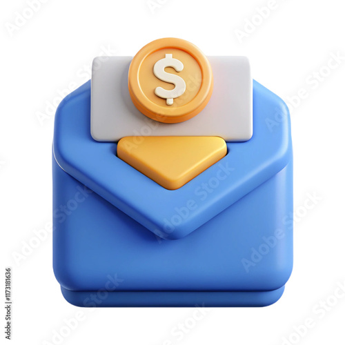 3D Render of a Blue Envelope with a Dollar Coin