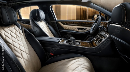 Modern car interior with plush black leather front seats and contoured headrests, designed for ultimate luxury and style photo