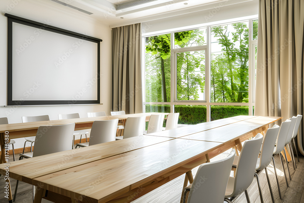Fototapeta premium Modern conference room with wooden table, bright atmosphere, green view through windows
