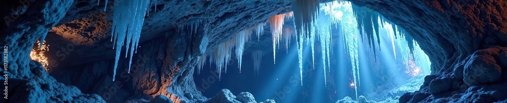 Hanging icicle-like formations in a cave ceiling, stalactite, shadows, crystals Hanging icicle-like formations in a cave ceiling, stalactite, shadows, crystals