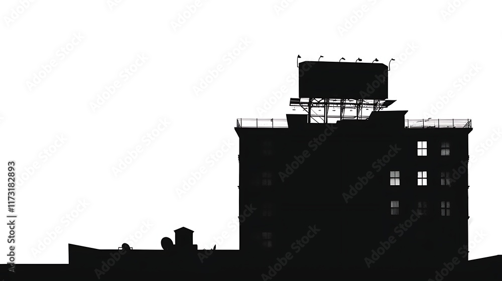 Fototapeta premium Silhouette of a hotel building with a signboard on a white background