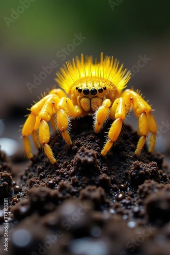 Large yellow golden Scathophaga stercoraria resting on top of a wet sheep dung heap, stercoraria, yellow photo