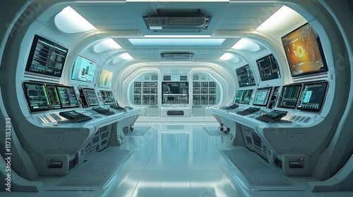 Fototapeta Naklejka Na Ścianę i Meble -  Futuristic spaceship bridge interior with glowing screens, data monitoring