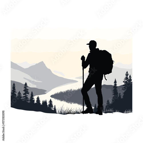 Hiking Silhouette vector illustration. Hiker mountain climber adventure silhouettes