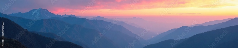 Fototapeta premium Mountain range at dawn with misty fog rolling in, mountains, morning