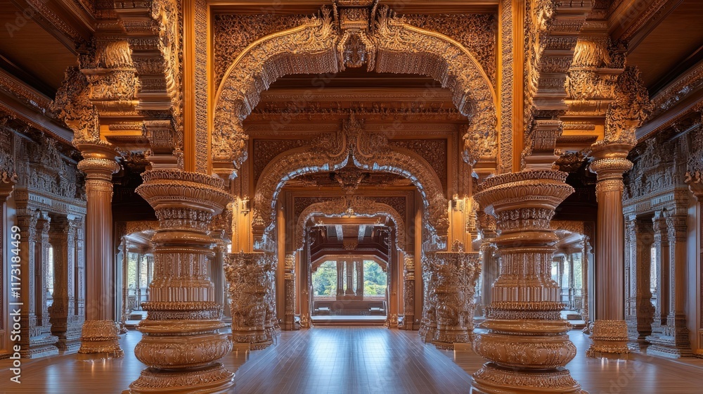 Obraz premium Ornate carvings and pillars inside a grand Hindu mandir, exuding spiritual elegance