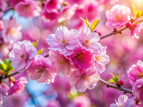Delicate Pink Sakura Blossoms, Spring Floral Close-Up, Copy Space Left