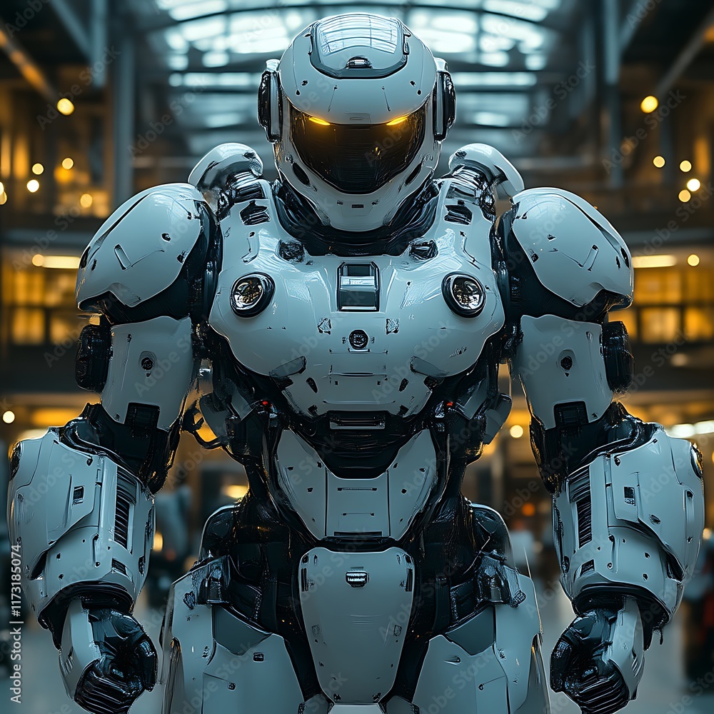 Fototapeta premium White robotic exoskeleton in industrial setting.