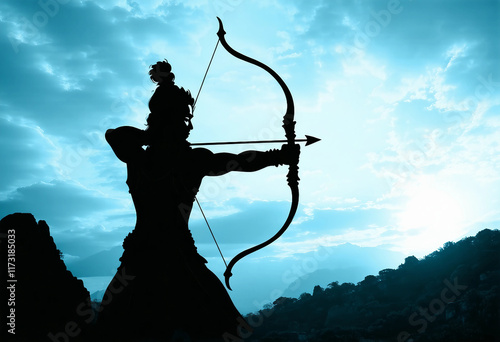 Watercolor illustration of lord rama silhouette with a bow and arrow for ram navami photo